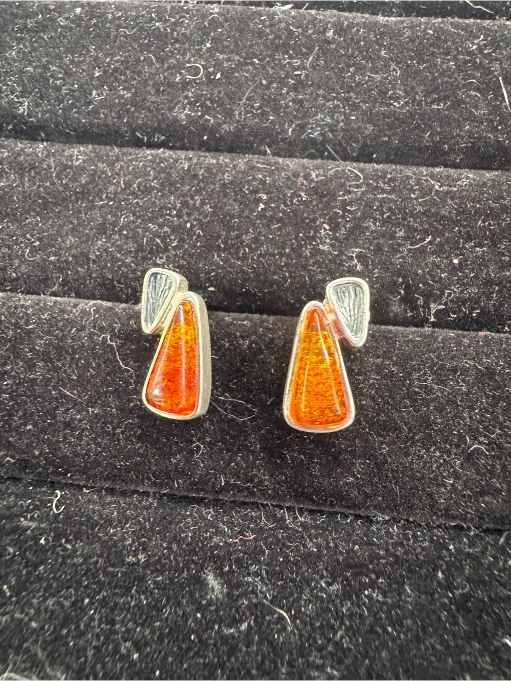 Vintage 925 Sterling Silver Modernist Amber Earrings